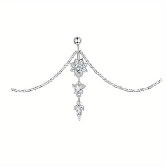 Navel Waist Body Chain Silver Flower Cluster Clear Crystals ~ NBC-6005 - Picture 1 of 3